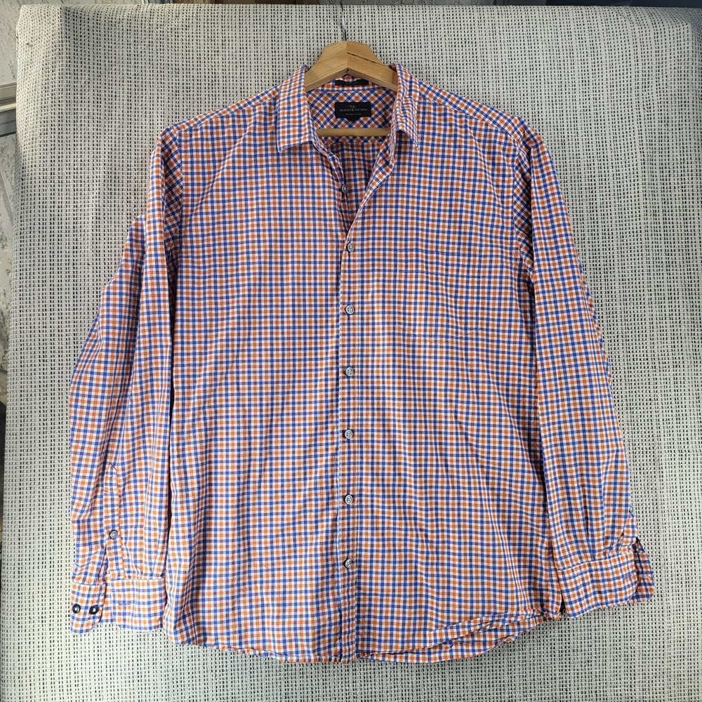 Rodd & Gunn Shirt Mens Large Orange Blue Plaid Button Down Sports Fit Italy